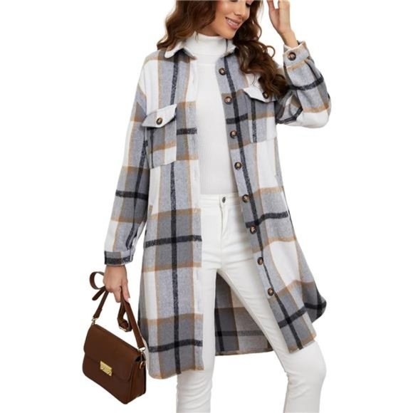 Women Plaid Shacket Brushed Flannel Shirt Jacket Mid Long Wool Blend Tartan Coat - Picture 1 of 7